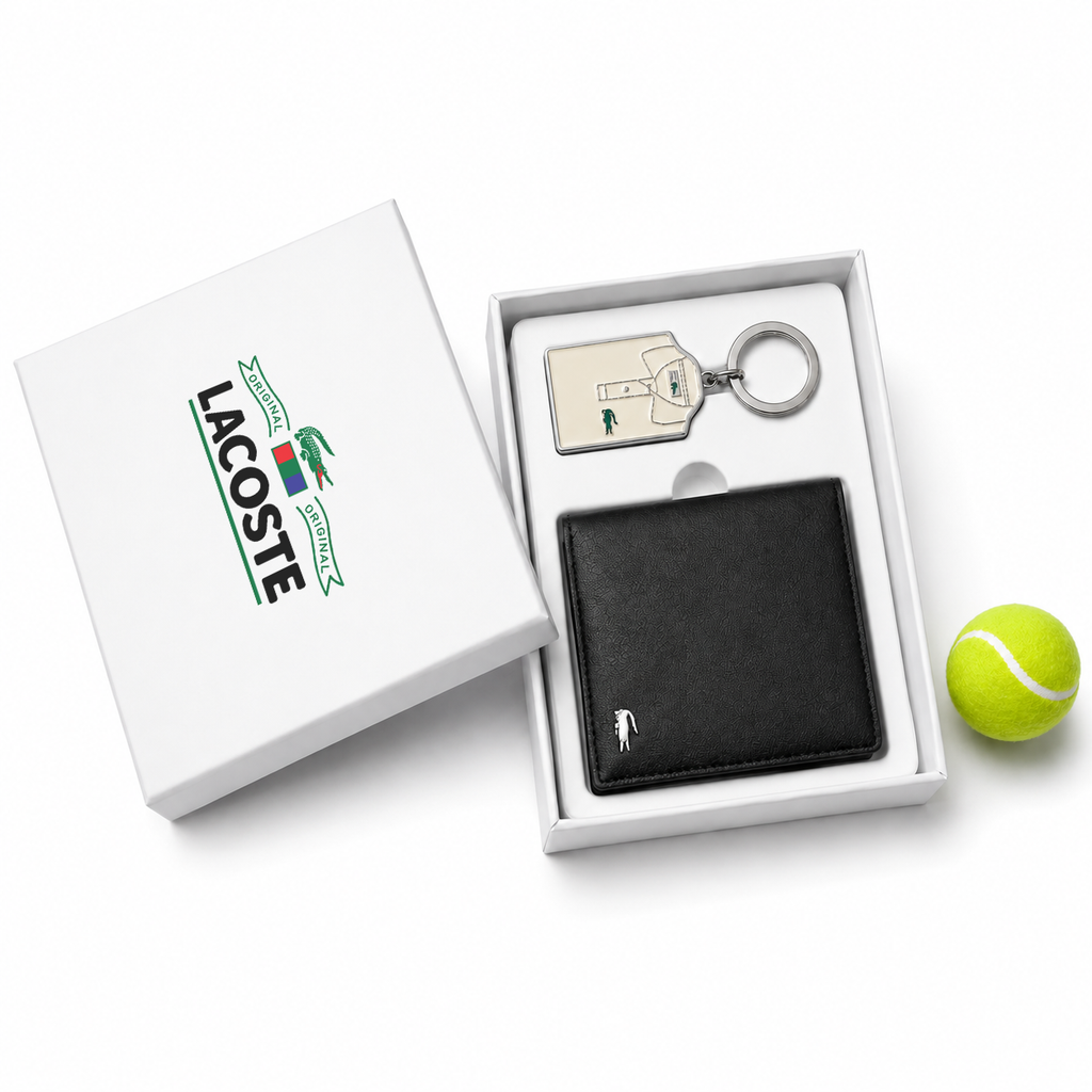 Lacoste Men’s Wallet & Keychain Gift Set – Black Leather