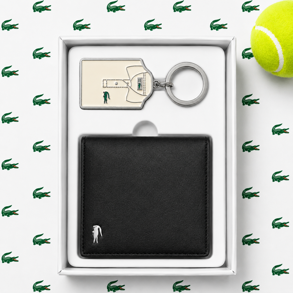 Lacoste Men’s Wallet & Keychain Gift Set – Black Leather