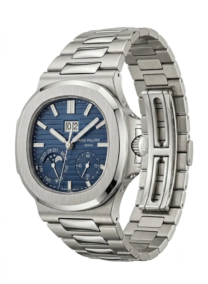 Luxury Nautilus-Style Stainless Steel Watch – Blue Dial, Multi-Function Display