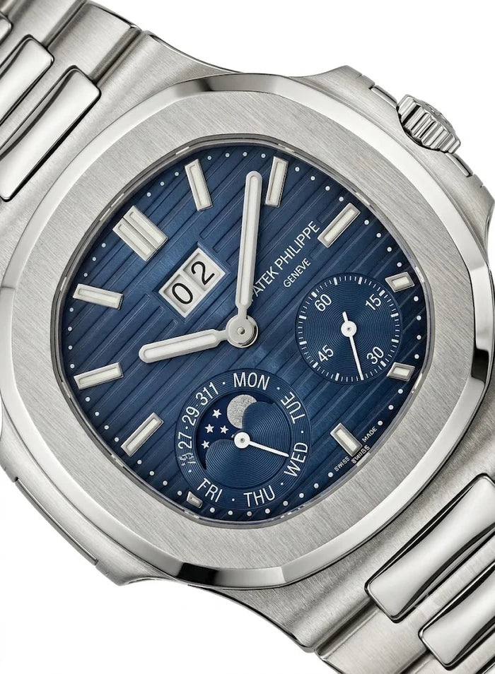 Luxury Nautilus-Style Stainless Steel Watch – Blue Dial, Multi-Function Display
