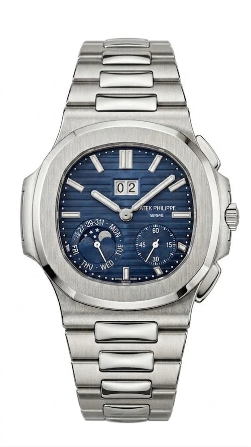 Luxury Nautilus-Style Stainless Steel Watch – Blue Dial, Multi-Function Display