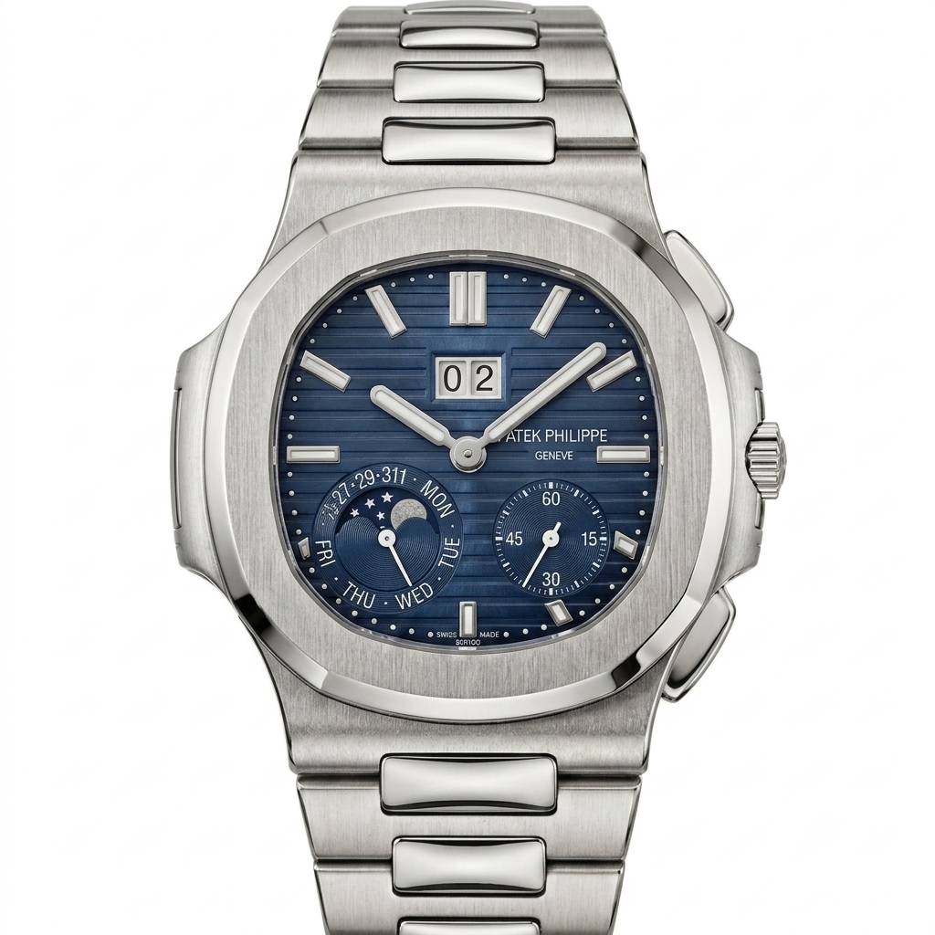 Luxury Nautilus-Style Stainless Steel Watch – Blue Dial, Multi-Function Display